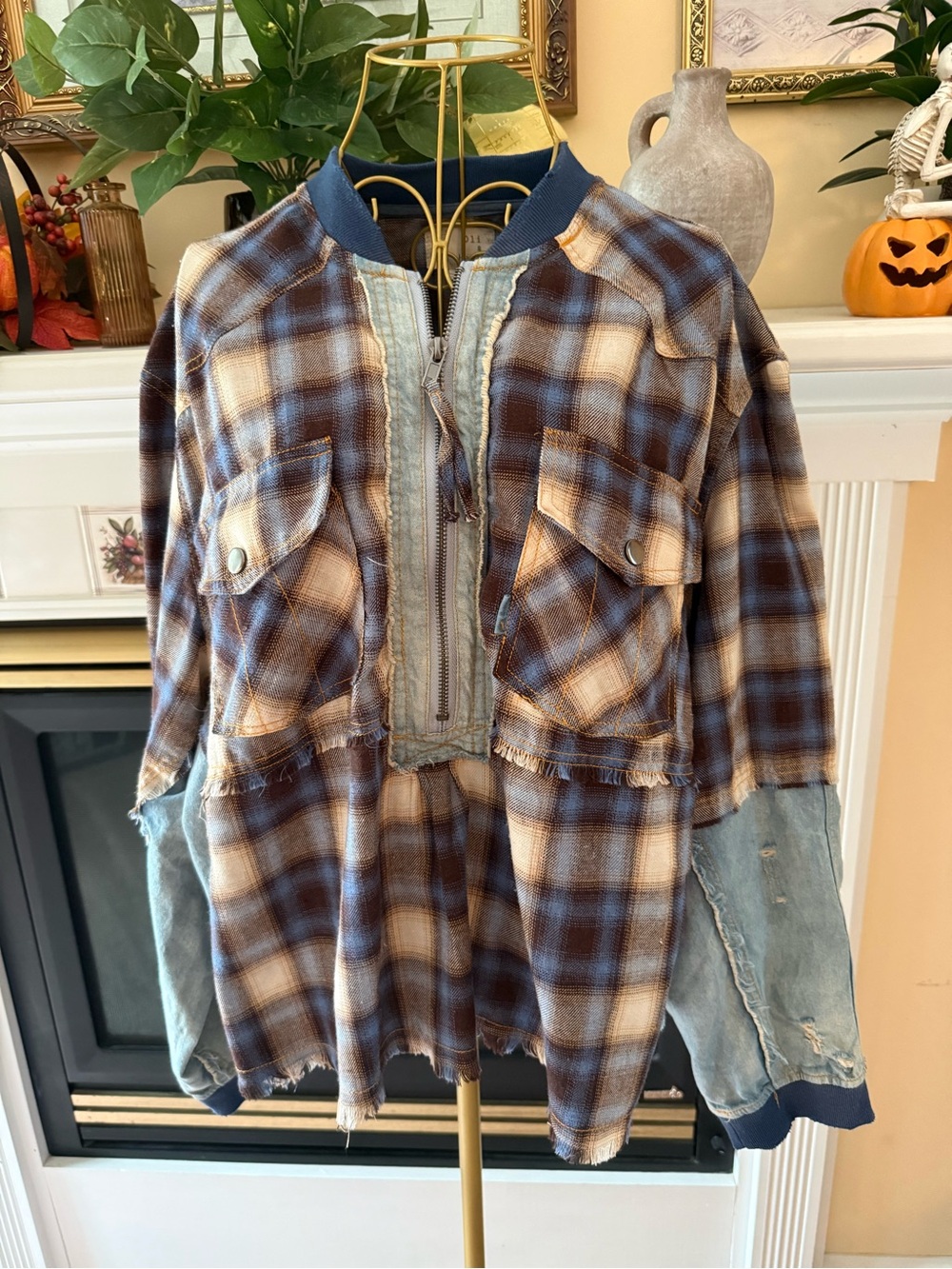 Oli & Hali size Large Plaid Utility denim and flannel top Blue/Brown shacket top - Picture 2 of 9